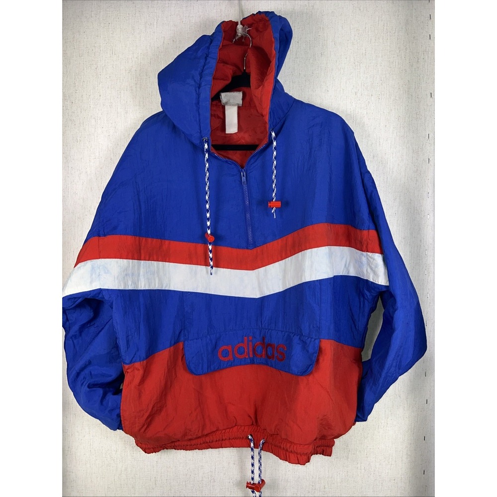 Vintage 90's ADIDAS Color Block Anorak Red White Blue 1/4 Zip Hooded Pullover ✅